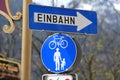 Signs one way, bike path and footpath in Bad Ischl, Austria, Europe